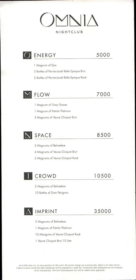 omnia nightclub menu.